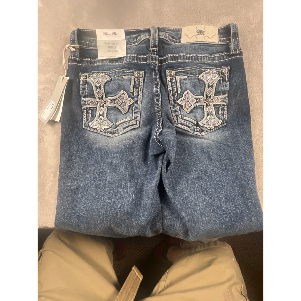 Miss Me Mid Rise Bootcut Jeans 28x32 Rhinestone Cross M9108B1V Dark Wash NEW